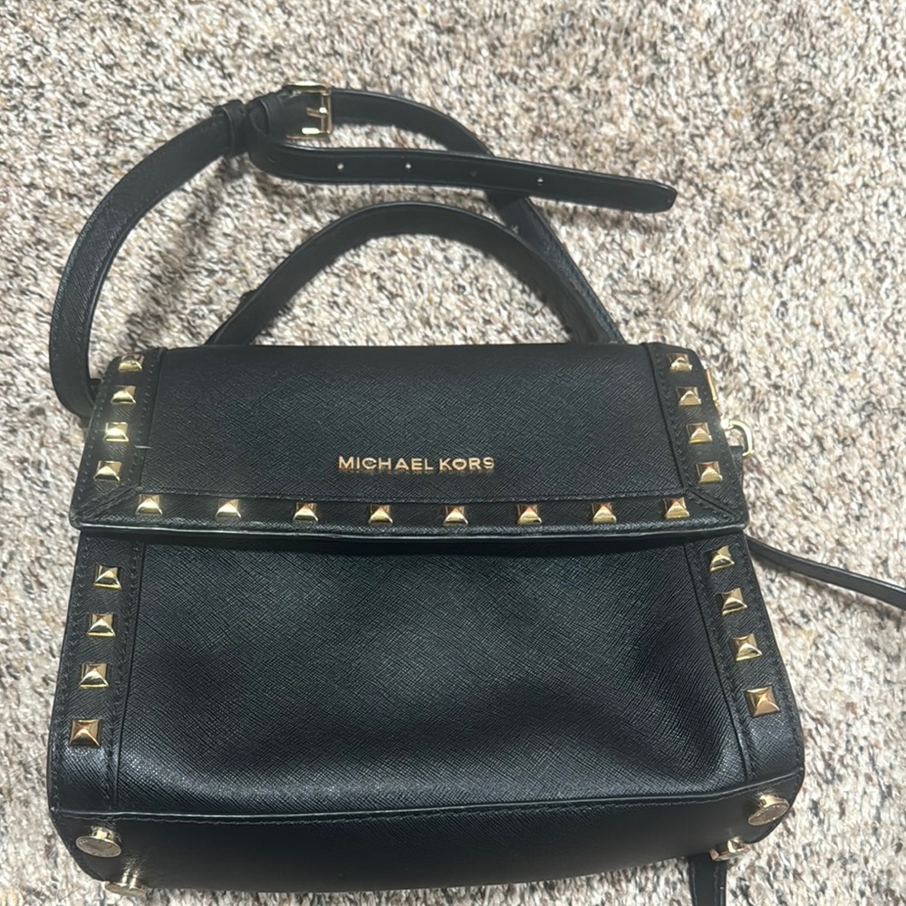 Michael Kors Black Leather Satchel with Gold Studs